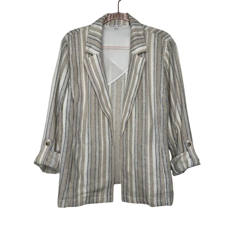 Chicos Striped Blazer Jacket Womens Size 16 Tan Roll Tab Sleeve Linen Blend Open